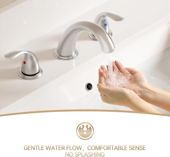 3-Hole 8 Inch Brushed Nickel Widespread Bathroom Faucet Low Arc 2-Handle Bathroom Vanity Faucet with Water Supply line & Metal Pop Up Drain, BF03008-K05-GBN