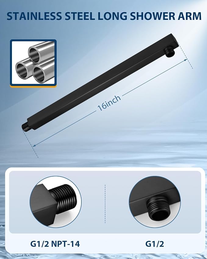 All Metal Matte Black Rainfall Shower Head with Extension Arm, 12" Large Rain Square Showerhead with 16" Long Shower Arm Stainless Steel, 144 Silicone Nozzles Waterfall Full Body Coverage