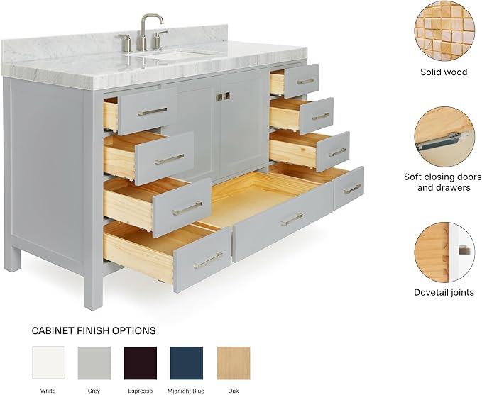 ARIEL Cambridge 60-inch Bathroom Vanity with Sink,Solid Wood, 2-inch Italian Carrara Marble Countertop, Single Rectangular Porcelain Sink, 2 Soft Closing Doors, 9 Dovetail Drawers, Grey