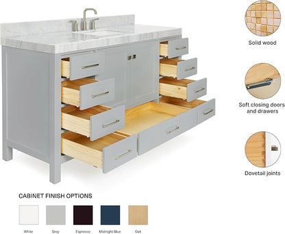 ARIEL Cambridge 60-inch Bathroom Vanity with Sink,Solid Wood, 2-inch Italian Carrara Marble Countertop, Single Rectangular Porcelain Sink, 2 Soft Closing Doors, 9 Dovetail Drawers, Grey