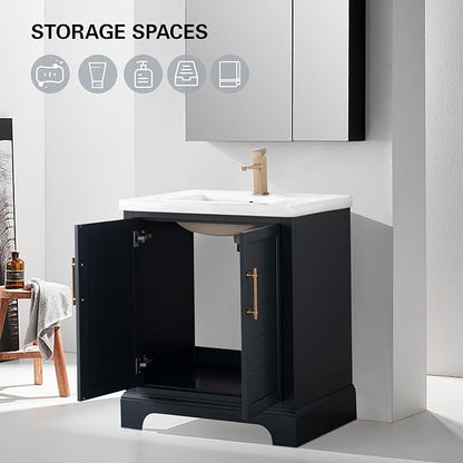 HOMEBEYOND 30 Inch Bathroom Vanity with Single Sink & Ceramic Top, Vanity Cabinet with Center Countertop Basin, Soft-Closing Doors, Vintage Spruce Blue
