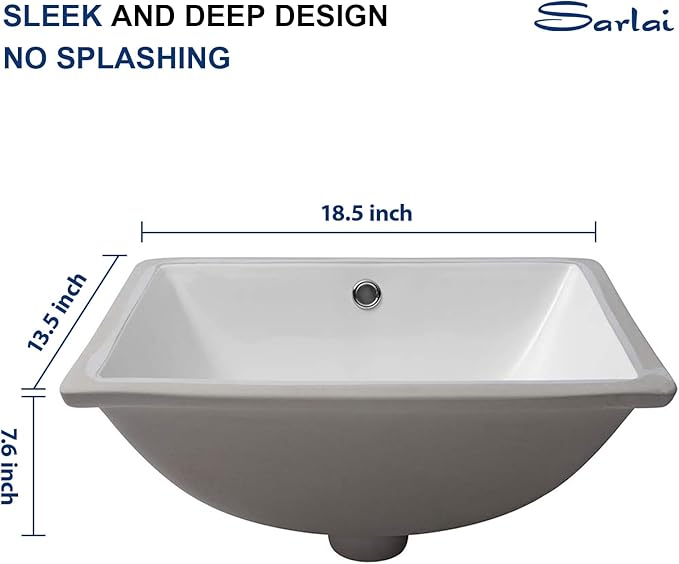 Sarlai Bathroom Sink Undermount - 18.5" Pure White Rectangle Undermount Sink Porcelain Ceramic Lavatory Vanity Bathroom Sink