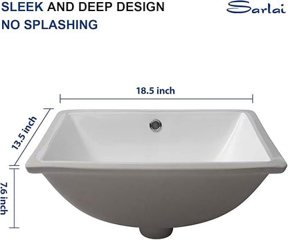 Sarlai Bathroom Sink Undermount - 18.5" Pure White Rectangle Undermount Sink Porcelain Ceramic Lavatory Vanity Bathroom Sink