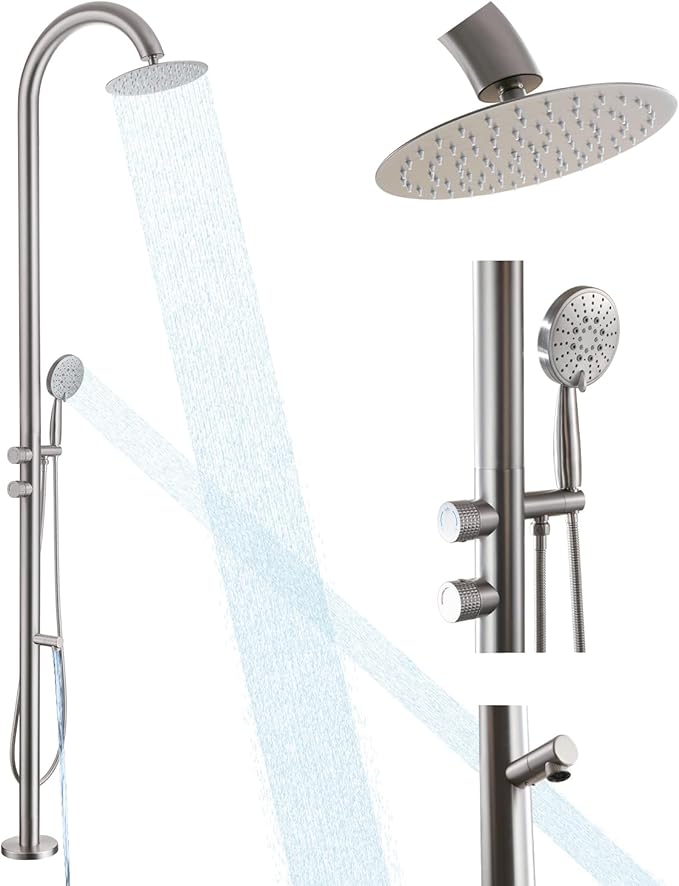 Free Standing Outdoor Shower, 5-Function Shower Kit Nickel with 10''Rain Shower Head, Stainless Steel Outdoor Shower Fixture for Backyard Beach Poolside,Floor Mounted