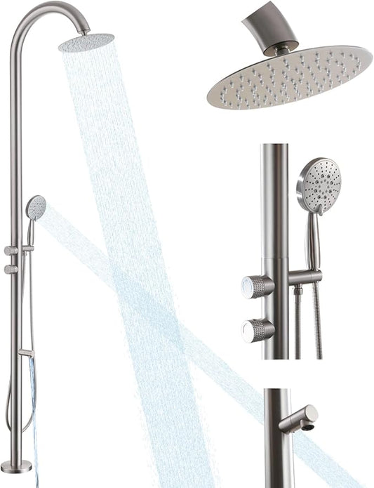 Free Standing Outdoor Shower, 5-Function Shower Kit Nickel with 10''Rain Shower Head, Stainless Steel Outdoor Shower Fixture for Backyard Beach Poolside,Floor Mounted