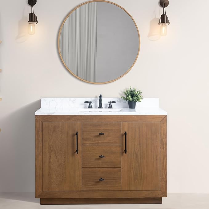 Vanity Art 48" Bathroom Vanity with Sink, Solid Poplar Wood Vanity Cabinet with Doors and Shelf, Modern Wood Bathroom Vanity with White Marble Top, 3 Functioning Drawers, VA70-48-T-E