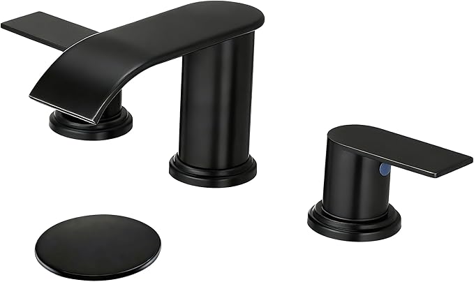Waterfall Bathroom Faucet 3 Holes, 8 Inch Widespread Faucet 2 Handle Lead-Free Black, Bathroom Faucet with Water Supply Lines Pop Up Drain, Bathroom Basin Lavatory Mixer Tap with Deck Mount Plate