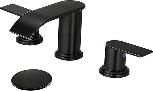 Waterfall Bathroom Faucet 3 Holes, 8 Inch Widespread Faucet 2 Handle Lead-Free Black, Bathroom Faucet with Water Supply Lines Pop Up Drain, Bathroom Basin Lavatory Mixer Tap with Deck Mount Plate