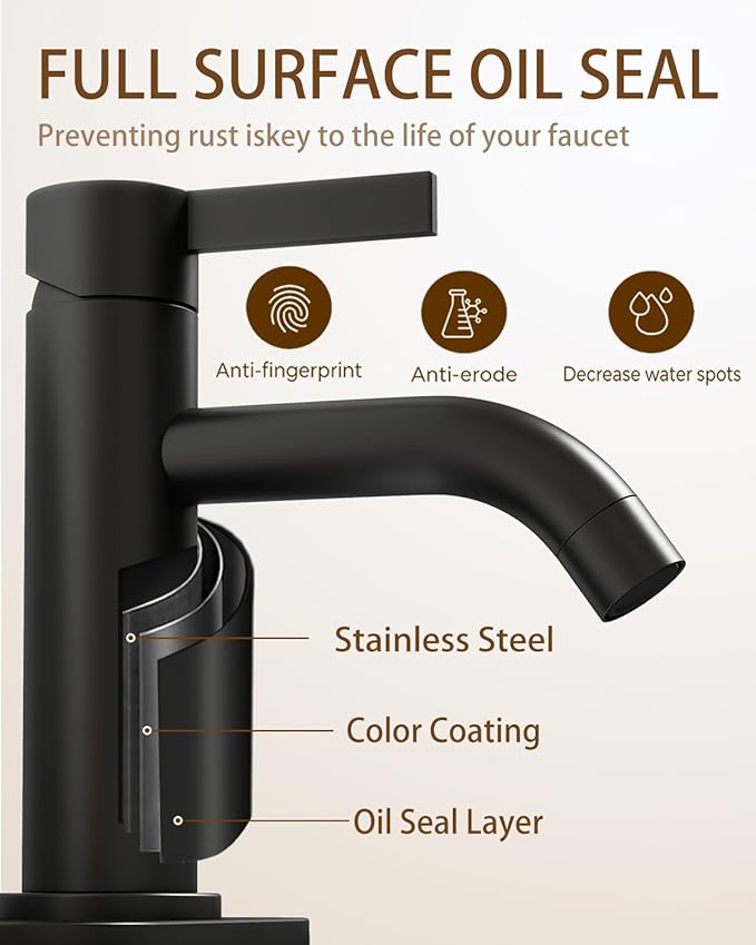 Matte Black Bathroom Faucet Single Hole with Pop-Up Bathroom Drain and Flexible Hoses Single Handle Bathroom Sink Faucet w/Deck Plate(1 or 3 Hole) for Vanity Sinks, RV, Farmhouse
