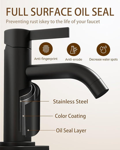 Matte Black Bathroom Faucet Single Hole with Pop-Up Bathroom Drain and Flexible Hoses Single Handle Bathroom Sink Faucet w/Deck Plate(1 or 3 Hole) for Vanity Sinks, RV, Farmhouse
