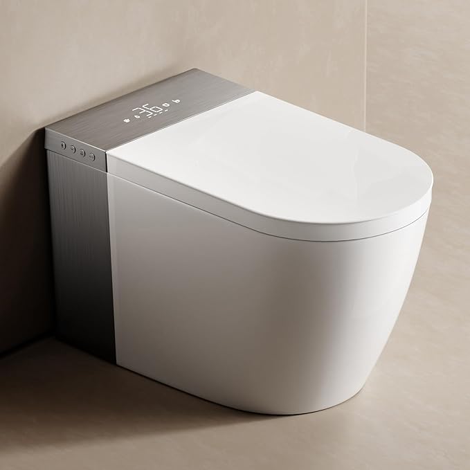 BONSAM Modern Smart Toilet for Seniors & Families, One Piece Tankless Bidet Toilet with Auto Open/Close Lid, Foam Shield, Heated Seat, Foot Kick Flush, Warm Water Wash, LED Night Light, Remote Control