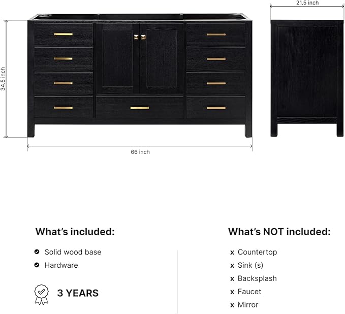 ARIEL Cambridge 66-inch Bathroom Vanity Base Cabinet,Solid Wood, 2 Soft Closing Doors, 9 Dovetail Drawers, Black Oak