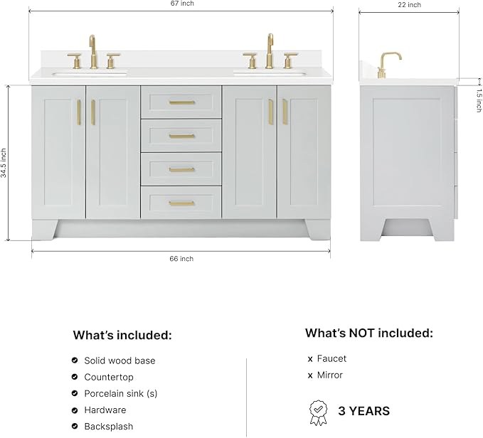 ARIEL Taylor 66-inch Bathroom Vanity with Sink,Solid Wood, 1.5-inch Pure White Quartz Countertop & Backsplash, Double Oval Porcelain Sink, 4 Soft Closing Doors, 5 Dovetail Drawers, Satin Brass, Grey