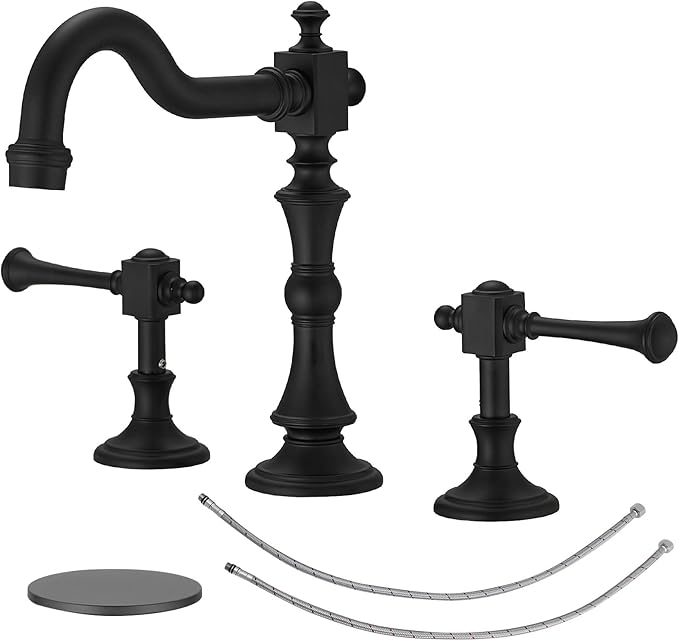 BWE Black Widespread Faucet for Bathroom Sink 3 Hole 8 Inch Widespread Bathroom Faucet with Pop-up Drain Assembly 2-Handle Vanity Faucet with Supply Lines Solid Brass Matte