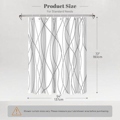 Striped Shower Curtain for Bathroom, Grey White, 54" W x 72" L | with Hooks, Modern Hotel Style, Water Repellent, Washable, Weighted Hem
