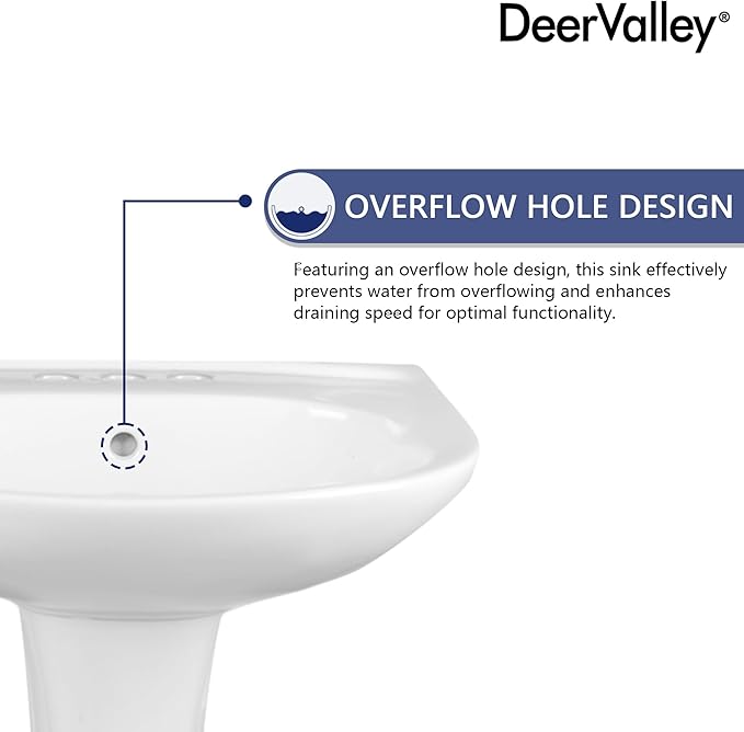 DeerValley Ally 20x17 Inch U-Shape White Ceramic Pedestal Sink, 3-Hole Faucet Configuration with Overflow, DV-1P52503