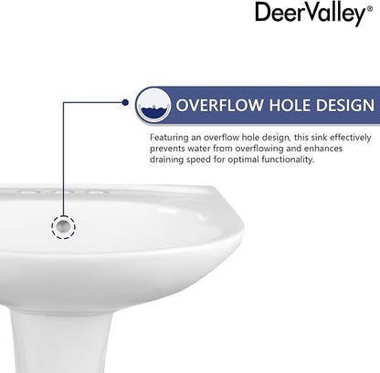 DeerValley Ally 20x17 Inch U-Shape White Ceramic Pedestal Sink, 3-Hole Faucet Configuration with Overflow, DV-1P52503
