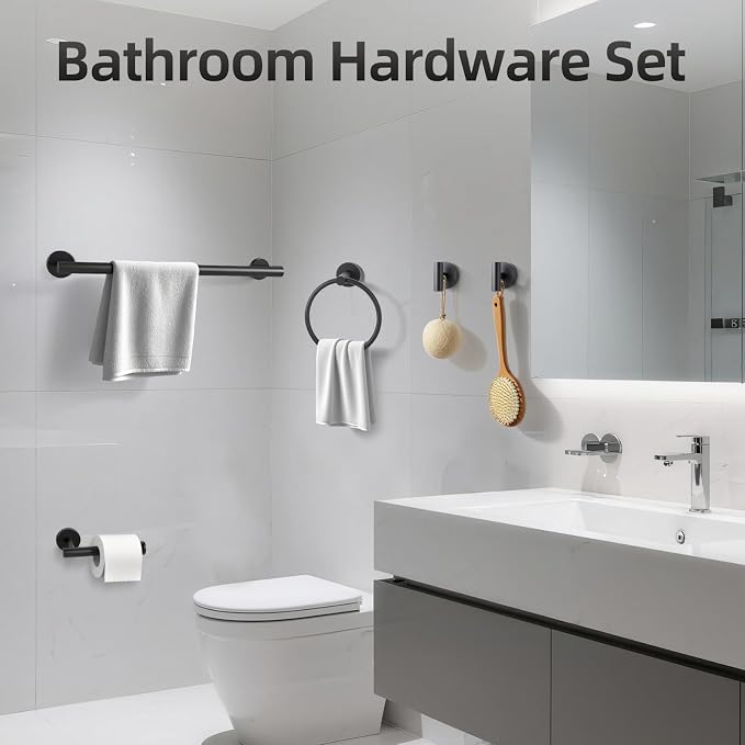 Matte Black Bathroom Hardware Accessories Towel Bar Set 5 Pieces | Stainless Steel Black Towel Rack Set Including 16in Towel Bar Wall Mounted, Toilet Paper Holders, Towel Rings, Towel Hooks