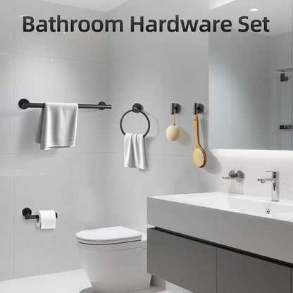 Matte Black Bathroom Hardware Accessories Towel Bar Set 5 Pieces | Stainless Steel Black Towel Rack Set Including 16in Towel Bar Wall Mounted, Toilet Paper Holders, Towel Rings, Towel Hooks