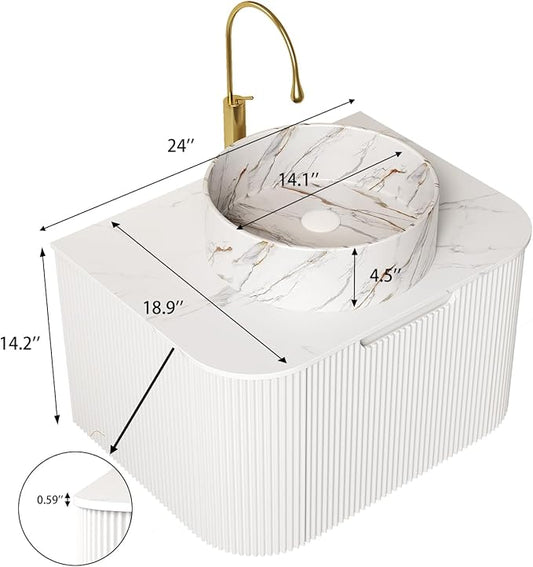 Yayzy 24" Floating Bathroom Vanity with Sink, Solid Wood Fluted Cabinet, White Marble-Patterned Ceramic Basin & Faux Marble Top, Soft-Close Drawer, Pre-Assembled, White