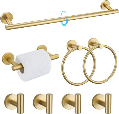 TQKAG 8-Pieces Bathroom Hardware Set, Brushed Gold Towel Bar Set 23.6 Inch | Towel Racks for Bathroom Wall, SUS304 Stainless Steel, Gold Bathroom Accessories with Paper Holders, Towel Rings, Towel Hooks