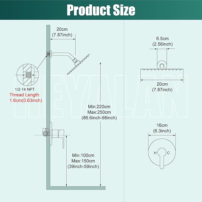Heyalan 8-Inch Round Rain Shower Faucet Set with Valve, Matte Black | SUS304 stainless steel shower head, brass rough-in valve, single-handle control, 1.8 GPM, ideal for bathroom remodels