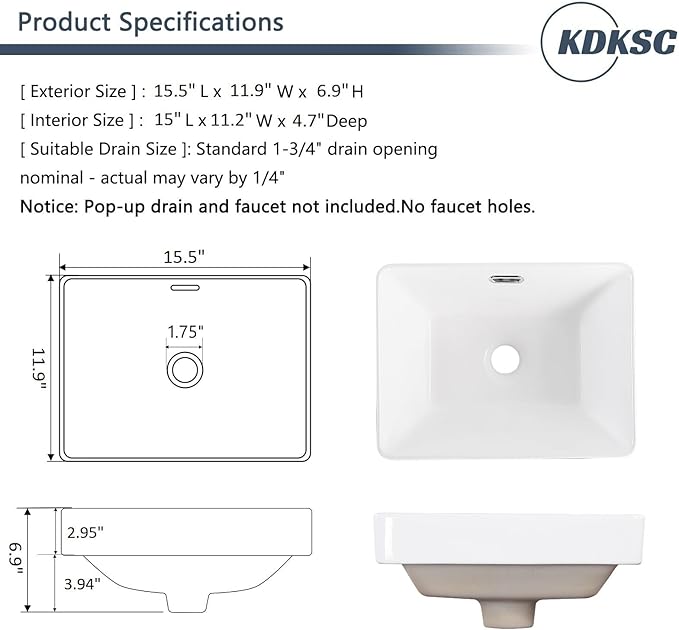 Bathroom Vessel Sink 15.5'' x 11.9'' Small Semi Recessed Bathroom Sink Rectangular Drop In Sink with Overflow White Ceramic Modern Vessel Sinks for Bathroom