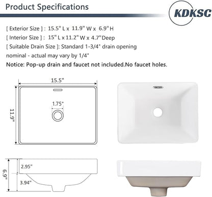 Bathroom Vessel Sink 15.5'' x 11.9'' Small Semi Recessed Bathroom Sink Rectangular Drop In Sink with Overflow White Ceramic Modern Vessel Sinks for Bathroom