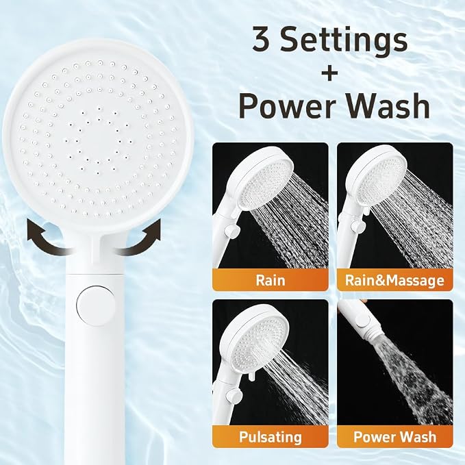 Shower Head with Handheld with ON/Off Switch 3 Modes, White | High Pressure Shower Head with Hose, White Panel, 60inches Hose