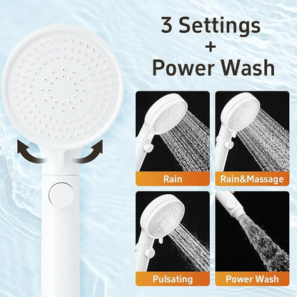 Shower Head with Handheld with ON/Off Switch 3 Modes, White | High Pressure Shower Head with Hose, White Panel, 60inches Hose