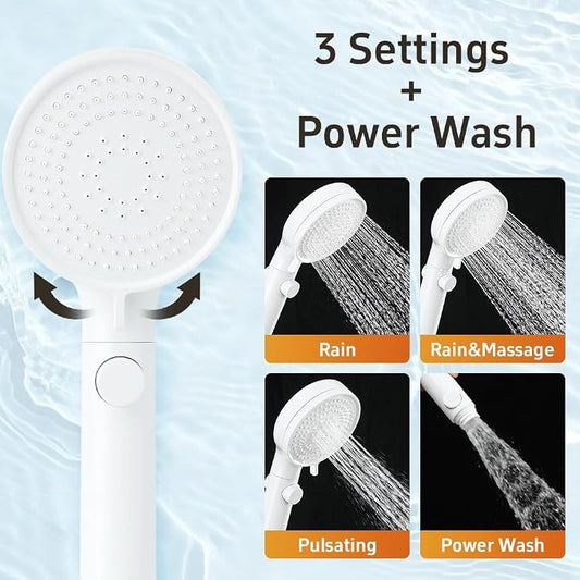 Shower Head with Handheld with ON/Off Switch 3 Modes, White | High Pressure Shower Head with Hose, White Panel, 60inches Hose