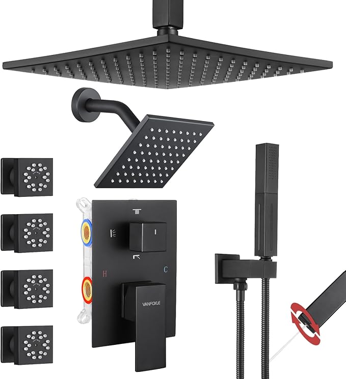 VANFOXLE Shower Faucet Set Matte Black Shower System,Four Modes Shower Faucet with 2 in 1 Handheld,Ceiling Mount 10 Inch Shower Head with 6 Inch Shower Head, 4 PCS Dual Modes Body Jets