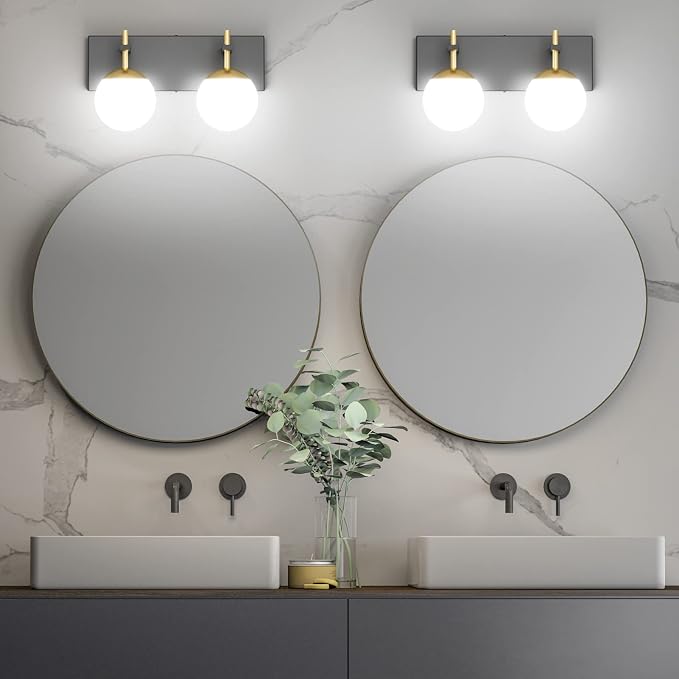 Ralbay 2-Light Black and Gold Vanity Lights Mid Century Modern Bathroom Wall Lighting Milky Glass Globe Black Gold Vanity Light for Bathroom