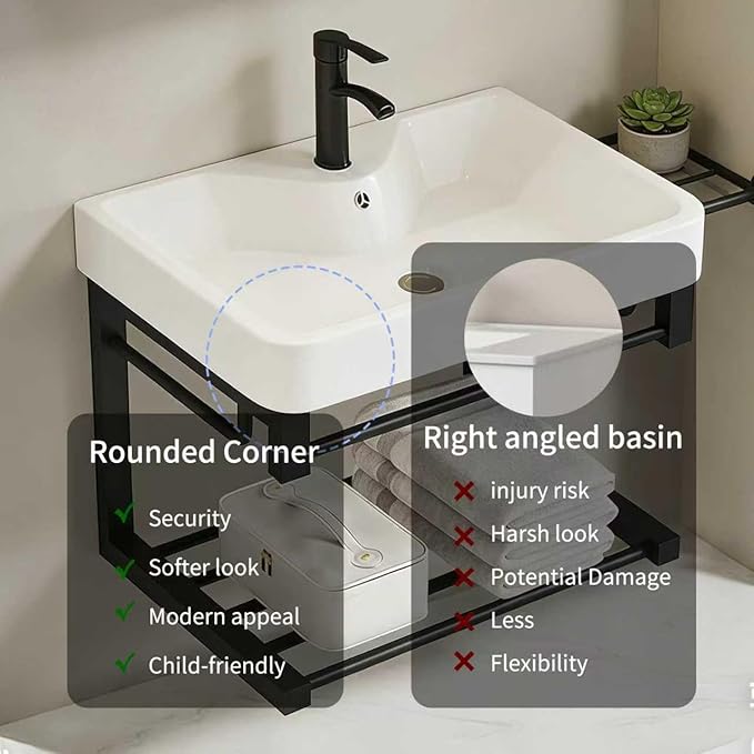 Floating wall-Mounted Bathroom 17-inch Vanity with Ceramic washbasin, Open Shelf, and Black mini Small Bathroom Vanity