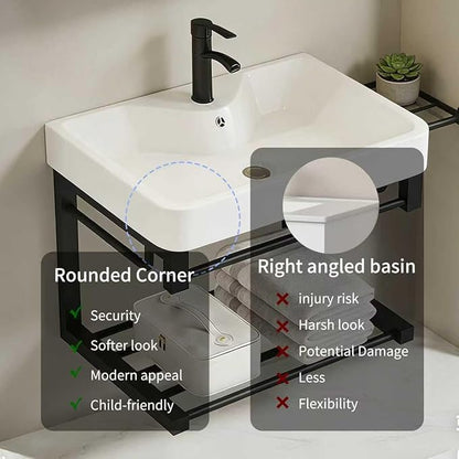 Floating wall-Mounted Bathroom 17-inch Vanity with Ceramic washbasin, Open Shelf, and Black mini Small Bathroom Vanity