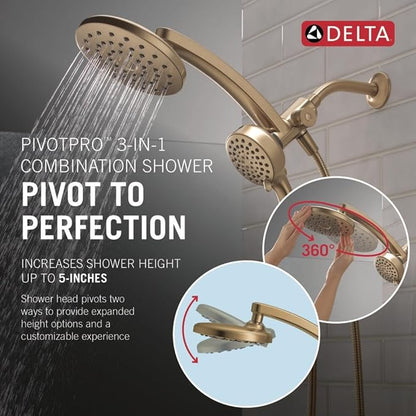 Delta 6-Setting PivotPro 3-in-1 Combination Shower Head with ProClean Spray, Brushed Gold Round Shower Head Rainfall with Handheld Spray, 1.75 GPM, Champagne Bronze 75649CZ