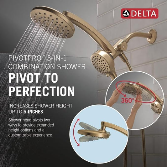 Delta 6-Setting PivotPro 3-in-1 Combination Shower Head with ProClean Spray, Brushed Gold Round Shower Head Rainfall with Handheld Spray, 1.75 GPM, Champagne Bronze 75649CZ
