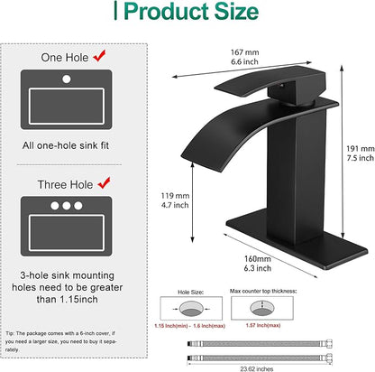 VOTON Black Bathroom Faucets Modern Waterfall Bathroom Sink Faucet Matte Black Single Handle Bathroom Faucet for 1 or 3 Holes with Deck Plate, Rv Sink Camper Farmhouse Bathroom Utility Remodel Faucet