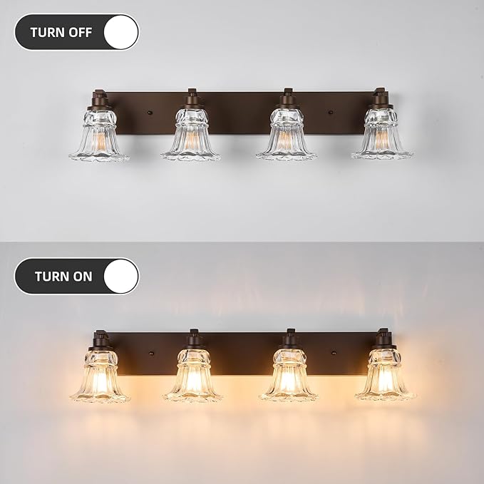 Vintage 4-Light Bathroom Vanity Light, Oil Rubbed Bronze Bathroom Light Fixtures with Floral Clear Glass Shades, Antique Wall Sconce Fixtures for Dressing Table, Bedroom