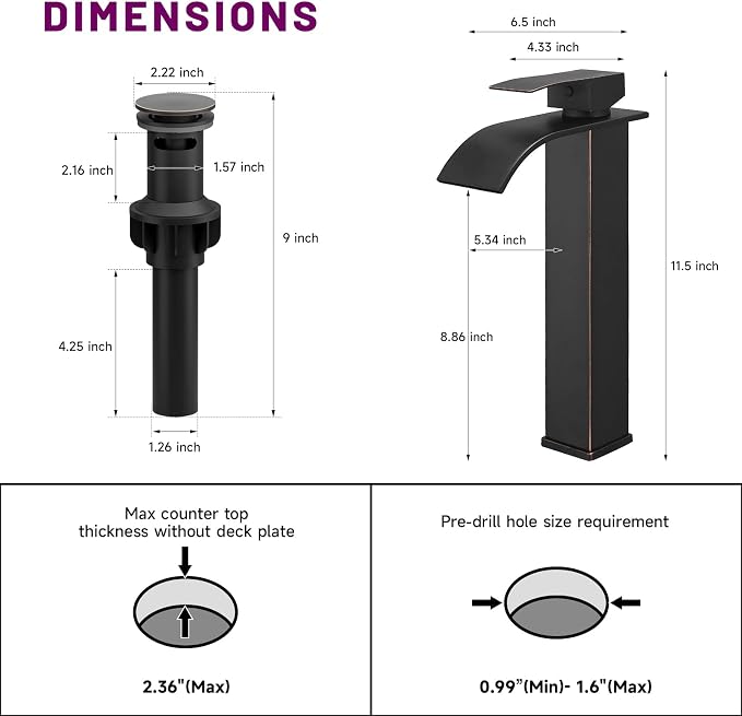 Bathroom Faucet Oil Rubbed Bronze, Bathfinesse Faucet for Bathroom Sink 1 Hole One Handle Deck Mount Veseel Sink Bowl with Pop-up Drain Stopper and Supply Hoses