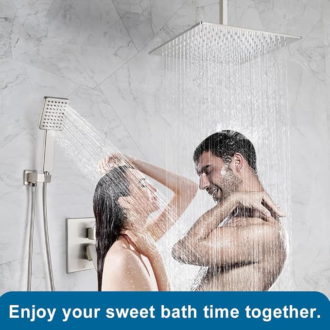 12 Inch Ceiling Mount Shower Faucet Set Brushed Nickel Ceiling Rainfall Shower Head and Handle Set Bathroom Rain Shower System Include Shower Valve and Trim Kit