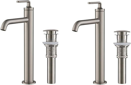 KRAUS Ramus Single Handle Vessel Sink Bathroom Faucet with Pop-Up Drain in Spot Free Stainless Steel, KVF-1220SFS-2PK