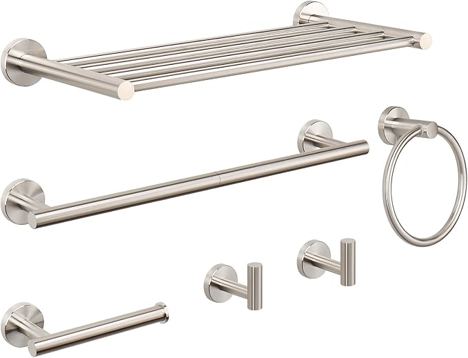 NearMoon Bathroom Accessories Set 6 Pieces, SUS304 Stainless Steel Bathroom Hardware Set, Shower Towel Rack for Kitchen, Towel Holder Wall Mounted (16 Inch, Brushed Nickel)