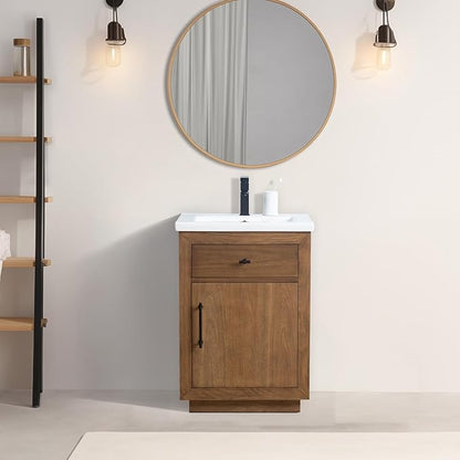 Vanity Art 24 inch Bathroom Vanity with Sink, Solid Poplar Wood, Vanity Cabinet with Doors and Removable Shelf, Modern Wood Cabinet with Marble Top, Ceramic Sink,VA70-24-T