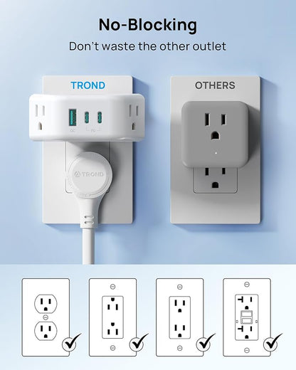 TROND Outlet Extender with 360 Rotating Plug, PD 20W USB C | 2 AC Outlet Splitter, 3-Side Design Wall Plug Adapter, for Bathroom Kitchen Cruise Ship Travel Essentials, White
