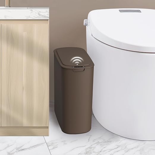 Cesun Automatic Motion Sensor Bathroom Trash Can with Lid, 2.6 Gallon Touchless Trash Bin, Smart Plastic Slim Garbage Can Small Brown Wastebasket for Toilet, Office, rv, Bedroom, Living Room | Motion Sensor, Plastic, Touchless, Odor Control, Smart Garb...