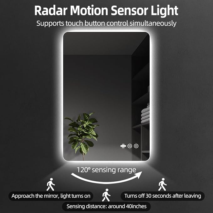 24" x 32" LED Bathroom Mirror with Lights - Motion Sensor | Smart Backlit Mirror, Anti-Fog, 3-Color Stepless Dimmable Lighted Mirror, Memory Function, HD Tempered Glass, CRI≥93