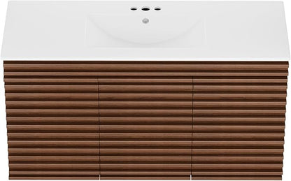 ROOMTEC 48" Bathroom Vanity with Ceramic Sink Combo, Mid-Century Wall Mounted Floating Vanity Cabinet with 2 Closing Doors, Wood Grain Texture, Walnut
