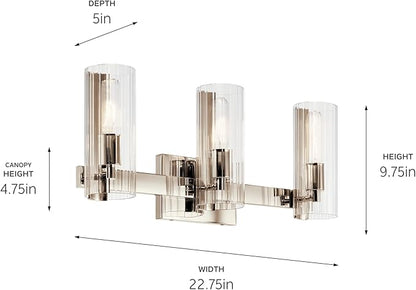 Kichler Jemsa 3 Light Vanity, Modern Light with Clear Fluted Glass in Polished Nickel for Bathroom or Powder Room (9.75" x 22.75"), 55168PN