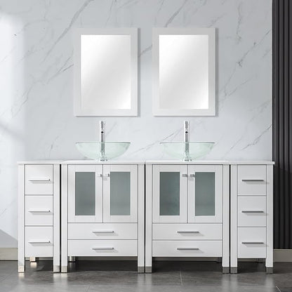LUCKWIND 72" Double 24-in Bathroom Vanity with Sink Combo, Elegant Series with Two 12.6-in Side Cabinets, Painted Frame, Including Transparent Round Sinks, Faucets Without Mirrors, White